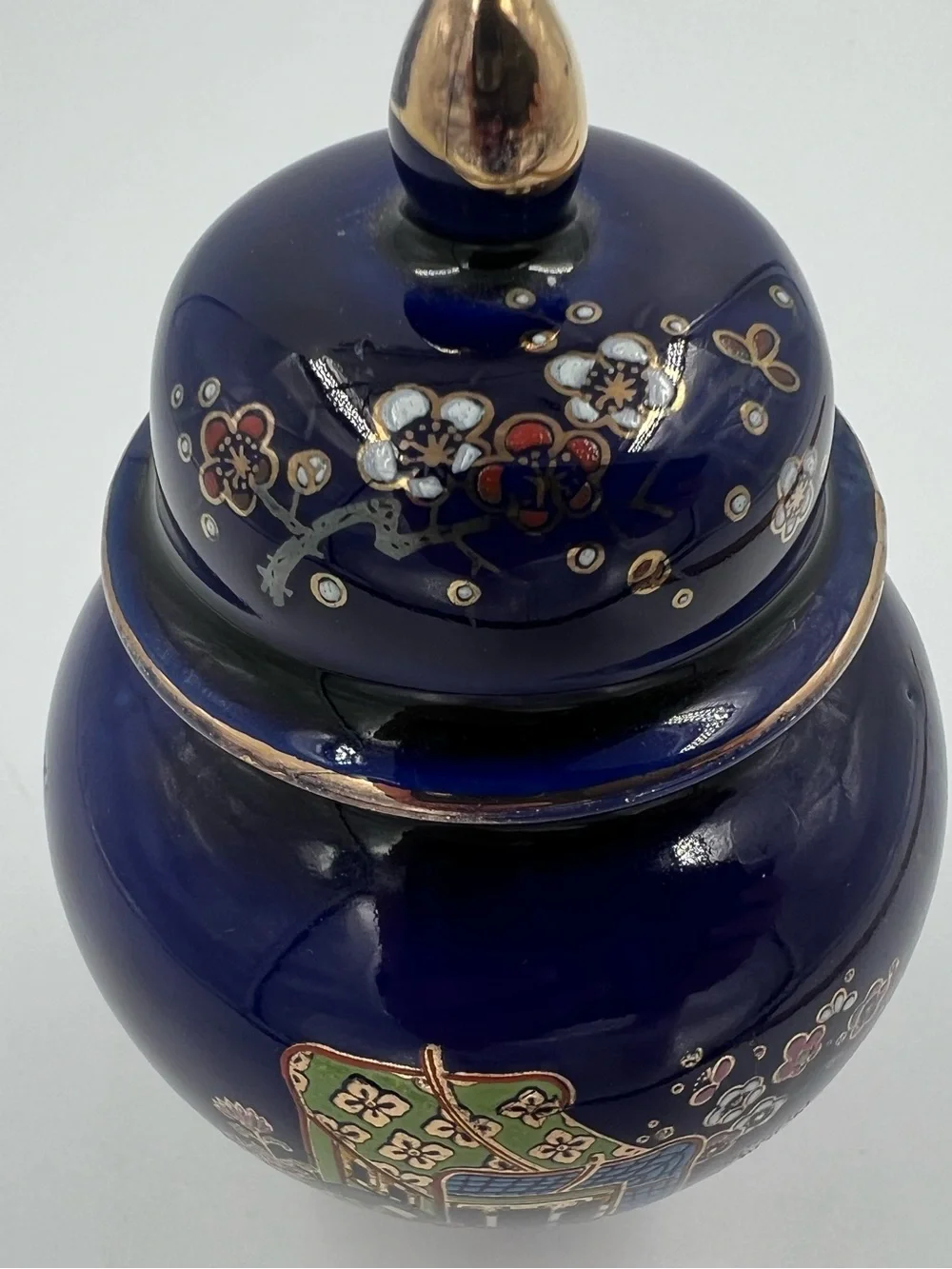 Vintage Sato Gordon Japan Kutani Cobalt Blue Ginger Jar Rickshaw & Flowers 4.5”